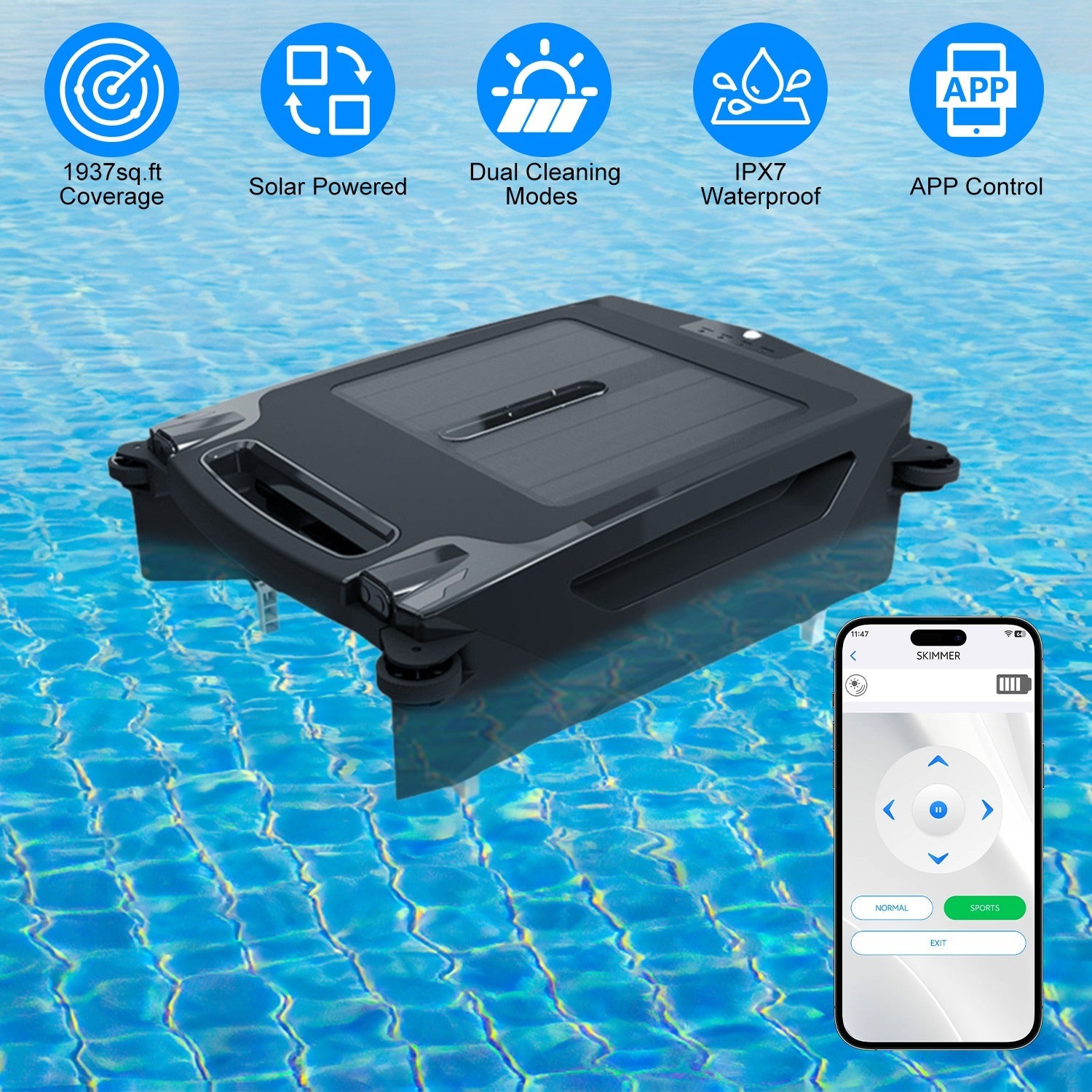 SolarSkim Pro solar-powered robotic pool skimmer floating on pool surface