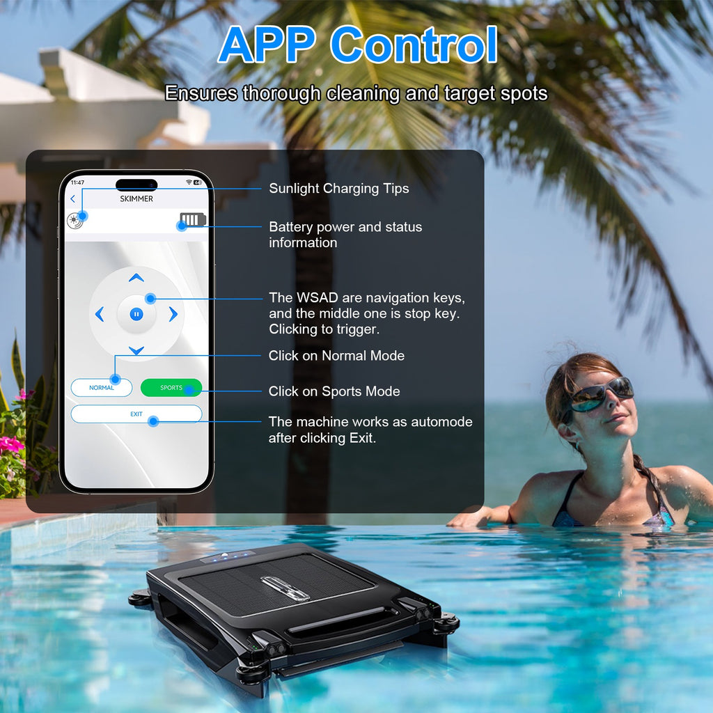 SolarSkim Pro — Solar-Powered Robotic Pool Skimmer with App Control