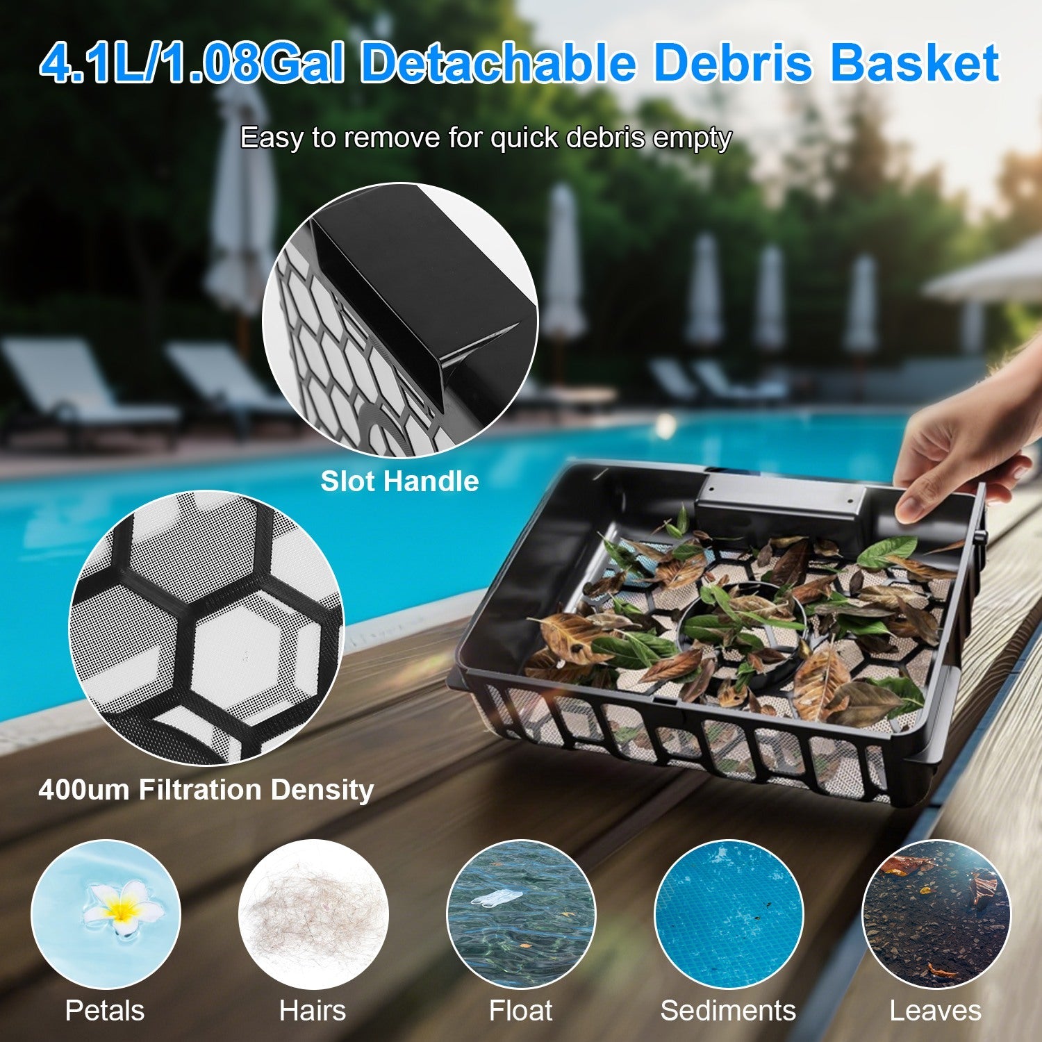SolarSkim Pro 1.08 gallon detachable debris basket being emptied